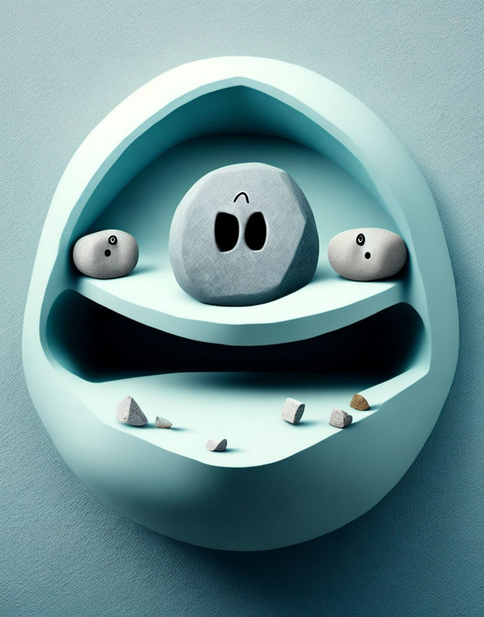 Cartoon-style stones with faces in eggshell-like structures on blue background.