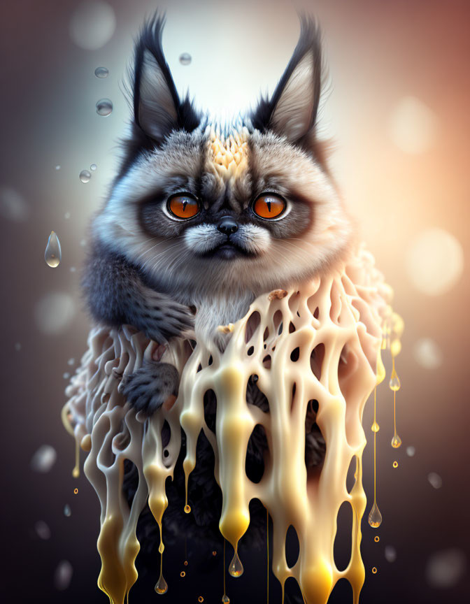 Grumpy cat digital art: fluffy feline melts into golden goo