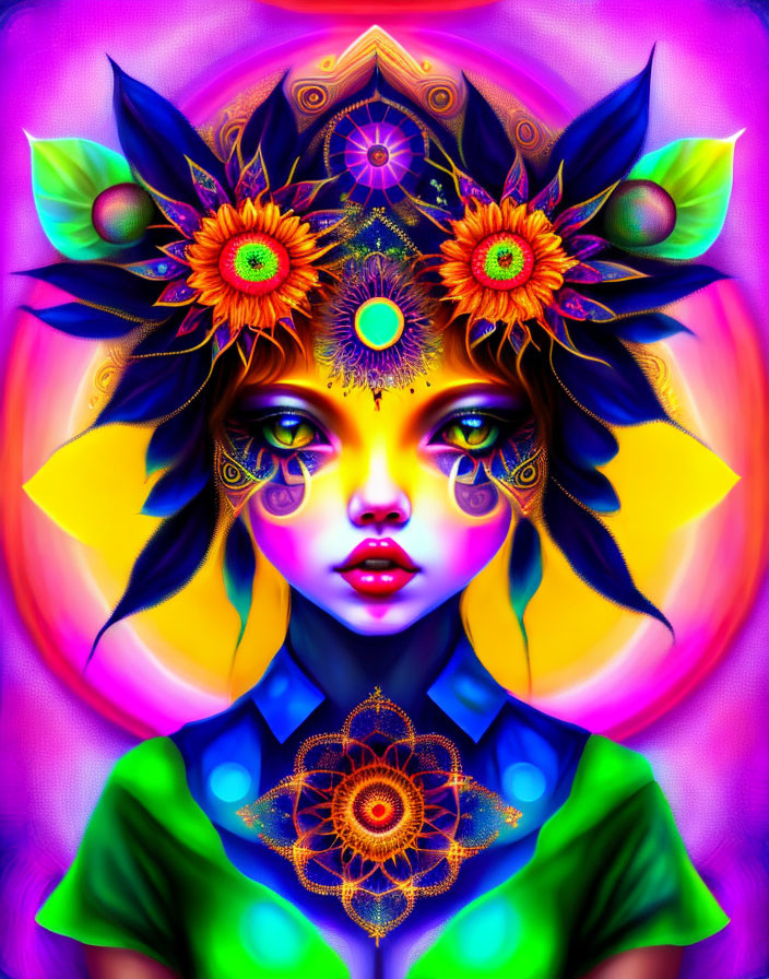 Colorful digital artwork: Woman with psychedelic colors, floral motifs, and mystical symbols.