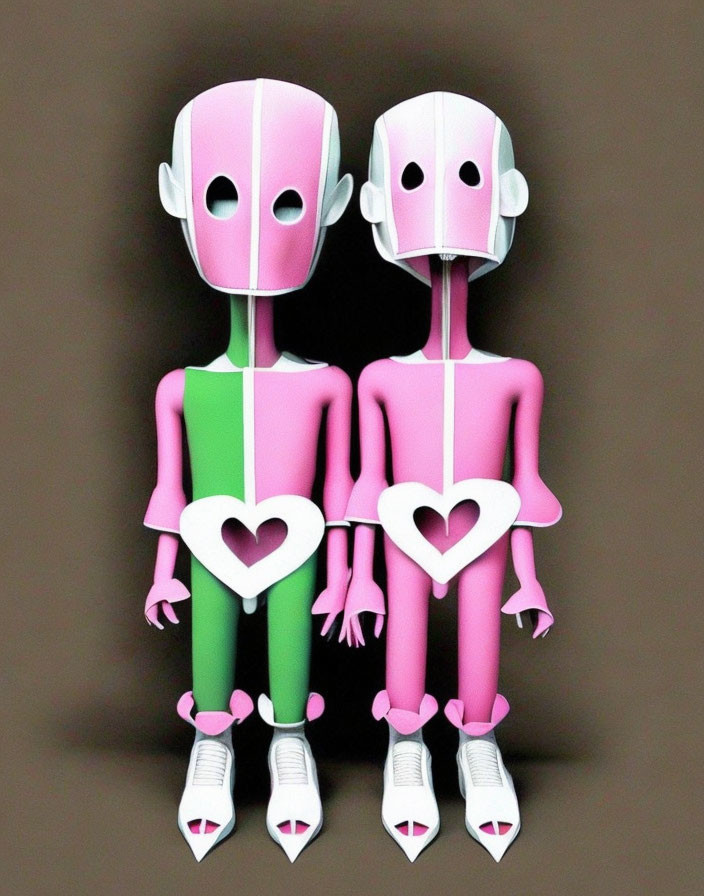 Stylized humanoid figures in pink and green outfits holding hands