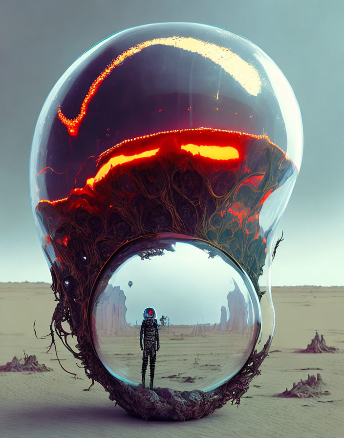 Astronaut in front of glowing skull structure in desert landscape