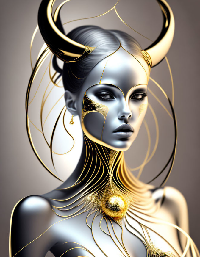 Stylized digital art of female figure with golden horns and dramatic makeup