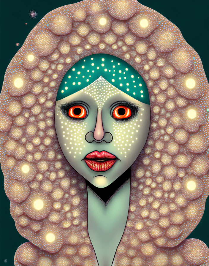 Stylized digital artwork of female figure with large orange eyes and textured halo