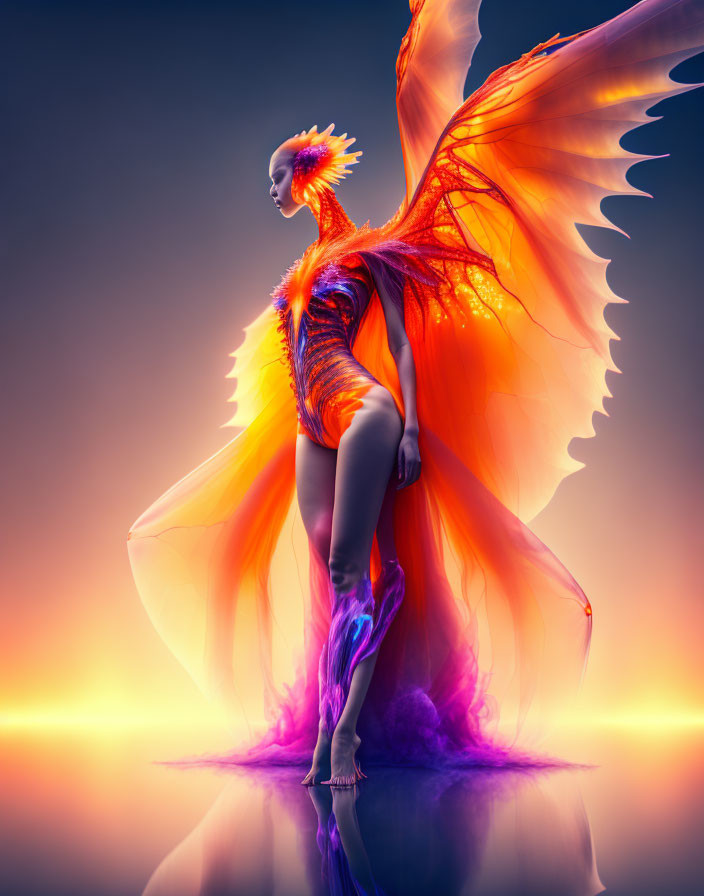 Figure with Vibrant Orange Wings in Surreal Fantasy Scene