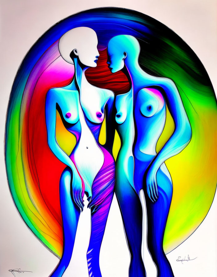 Vibrant abstract human figures against colorful circular backdrop