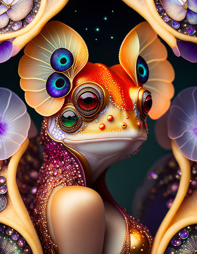 Colorful digital artwork: Fantastical frog with multiple eyes and vibrant skin in floral setting