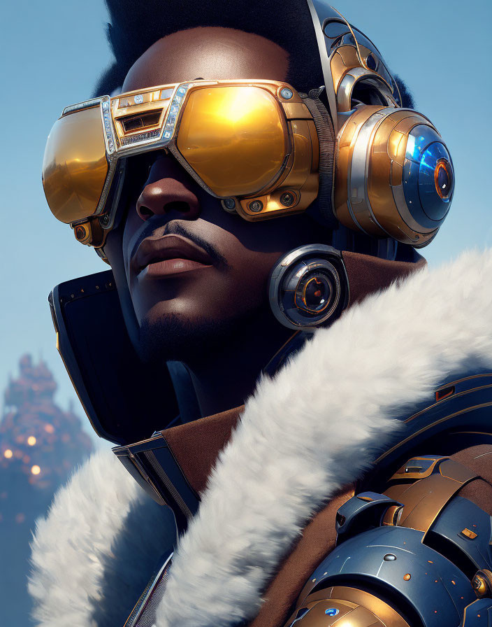 Futuristic man in gold goggles and stylish headphones with mechanical details poses confidently