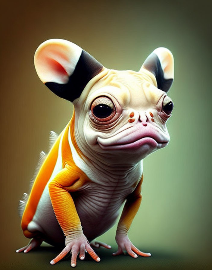 Digital artwork: Dog and frog hybrid with large head, sad eyes, and textured skin