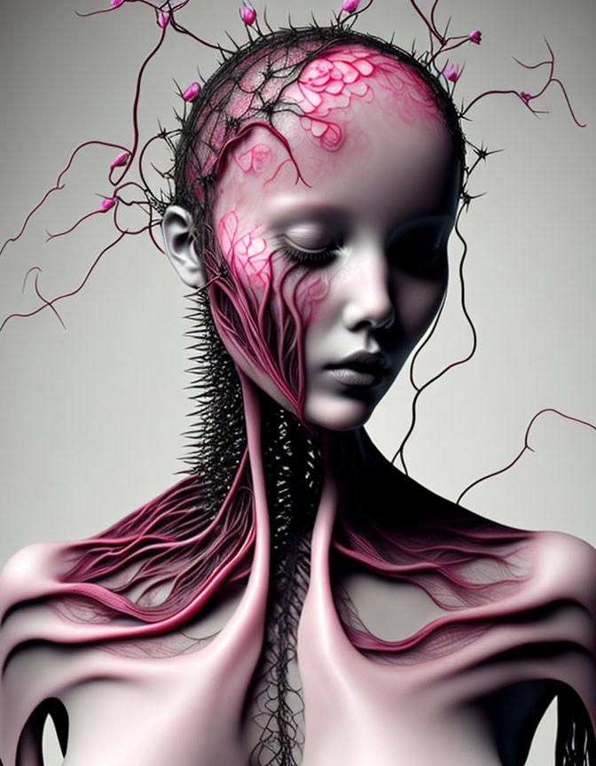 Pink and Black Surreal Artwork with Intricate Branching Patterns