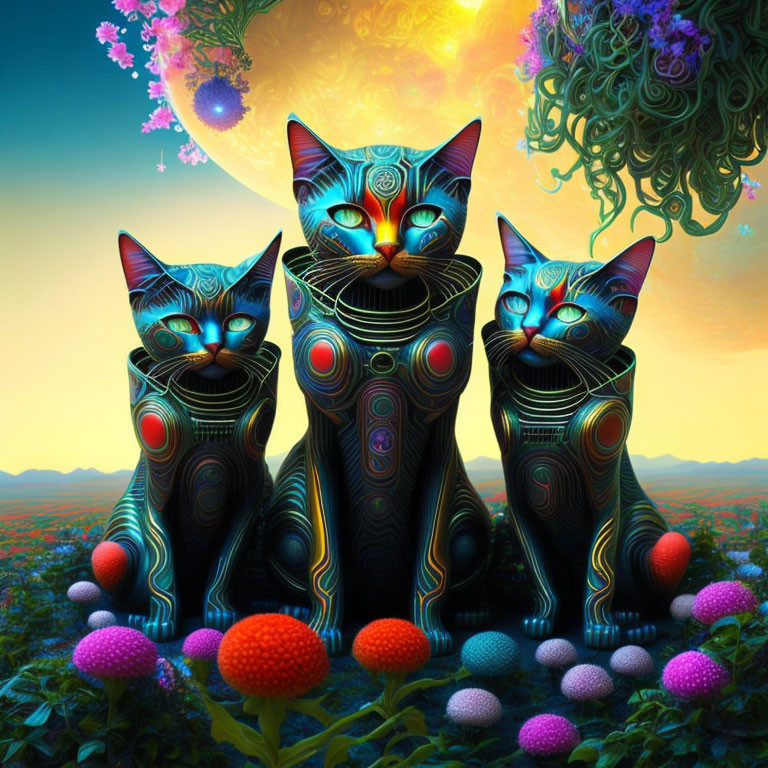 Vibrant stylized cats in fantasy landscape with intricate patterns