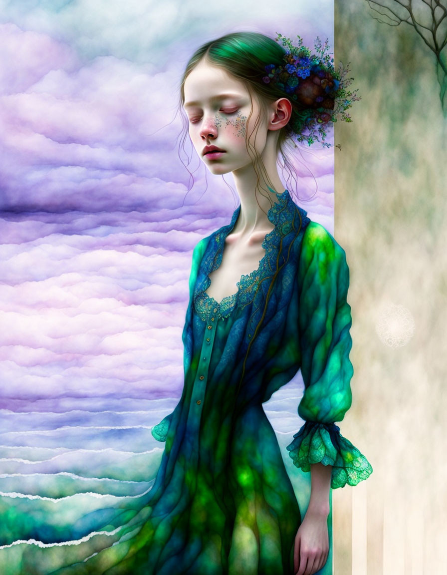 Girl with Green Hair and Flowers in Dreamy Artwork