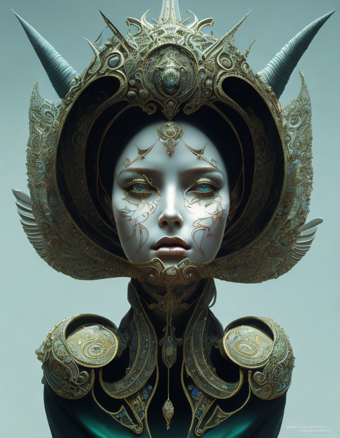 Intricate golden headgear and armor on figure against blue background