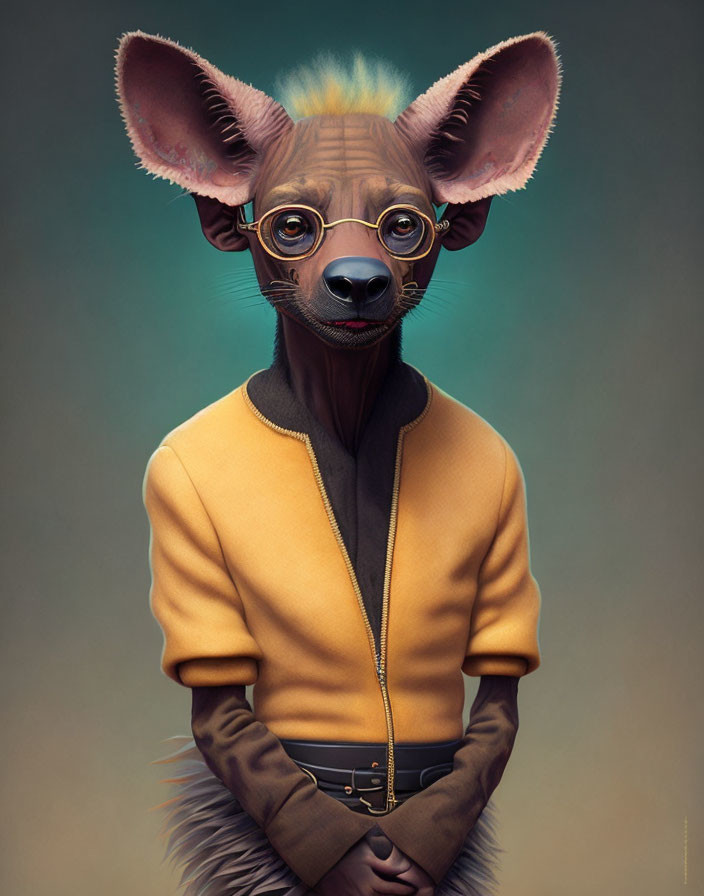 Illustration of humanoid creature in yellow-brown jacket with oversized-eared animal head