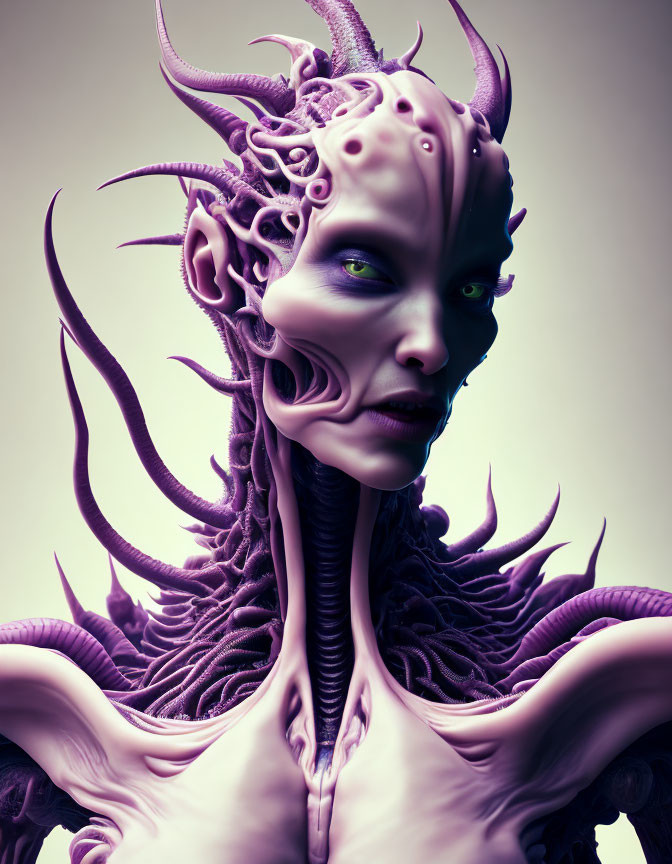 Purple-skinned female creature with horned head and tentacle-like structures.