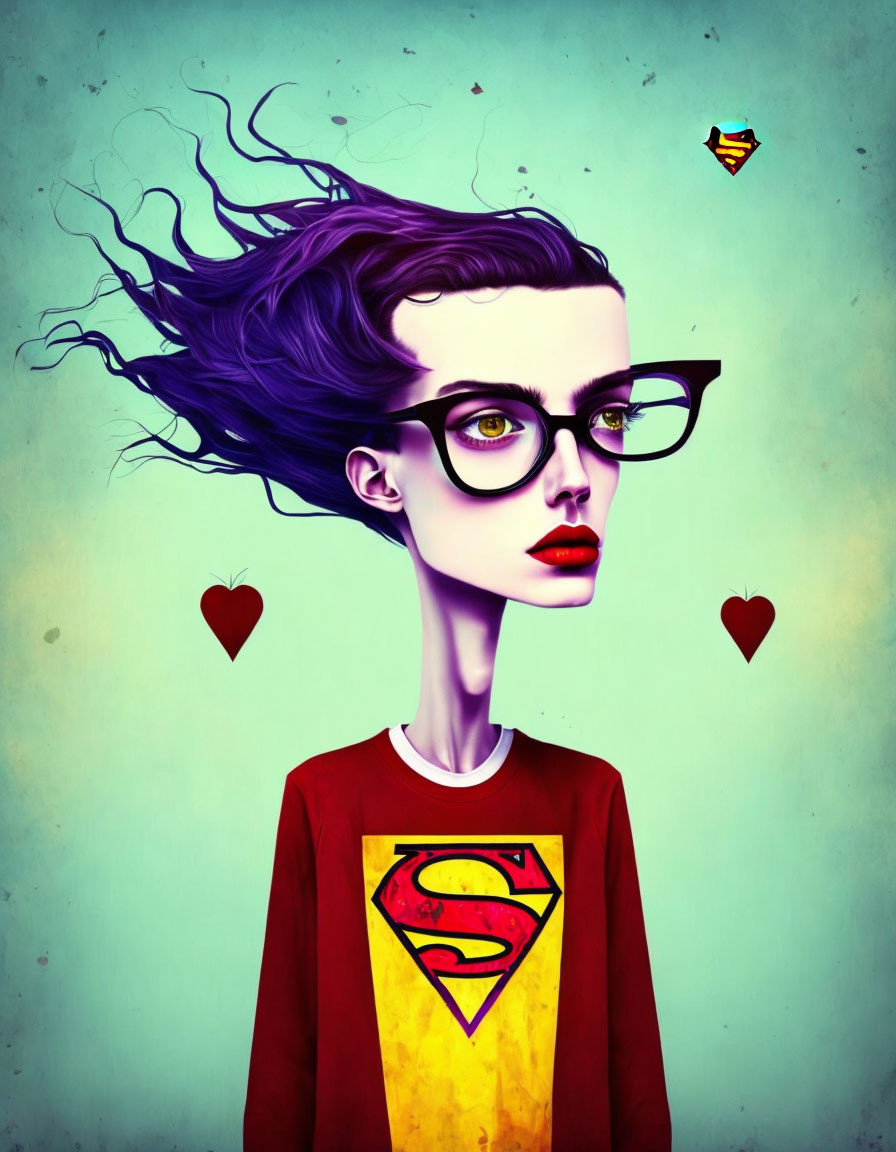 Woman with Purple Hair and Superman Shirt Illustration on Teal Background