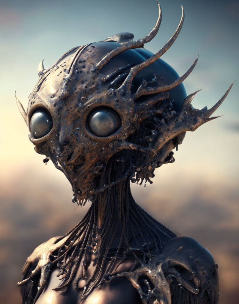 Detailed humanoid robotic creature with large eyes and horn-like protrusions