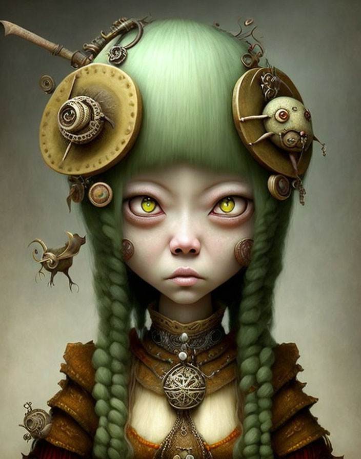 Digital artwork featuring girl with green hair, yellow eyes, steampunk accessories