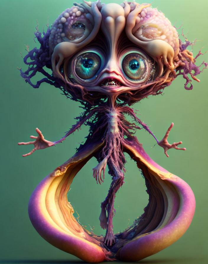 Surreal creature with large eyes and tentacle-like hair on gradient background