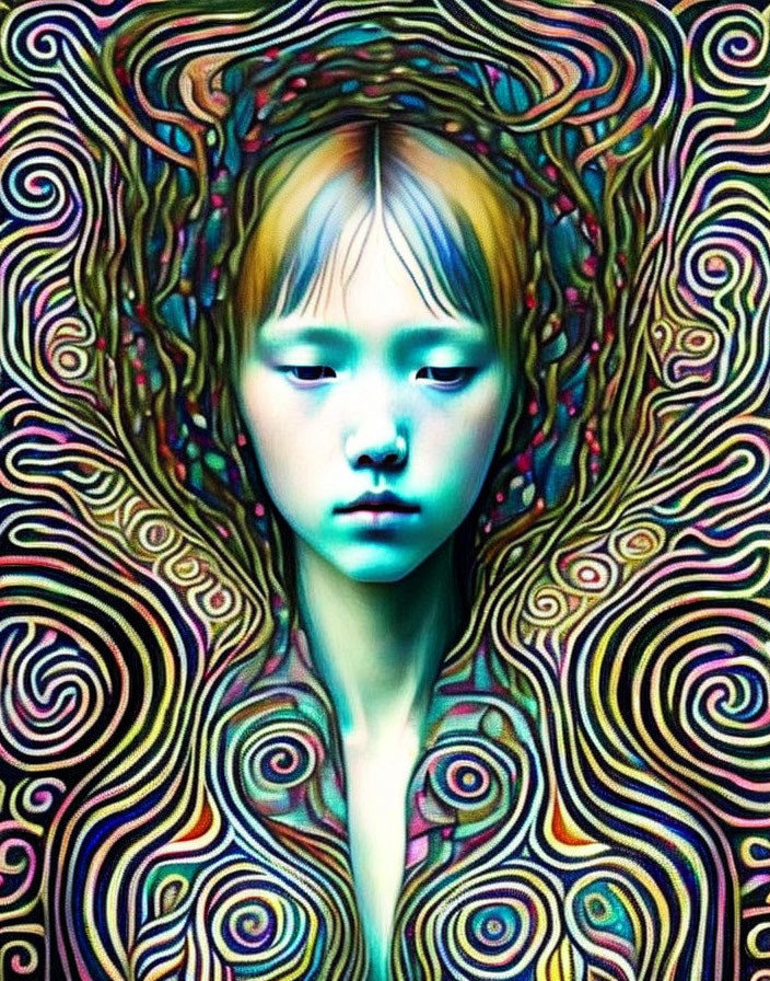 Vibrant psychedelic portrait with swirling patterns on young person