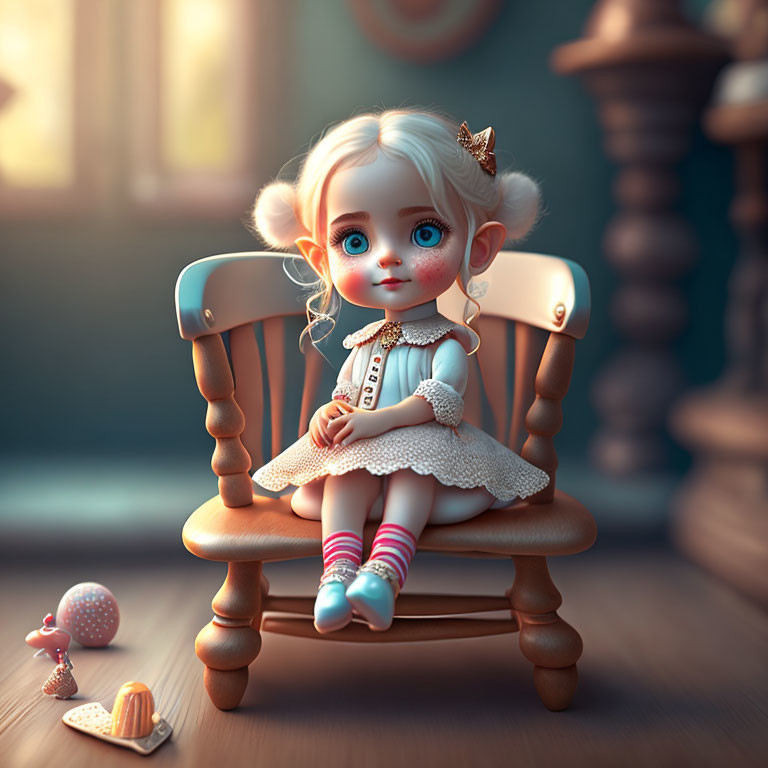 Blonde Doll-Like Girl with Blue Eyes in 3D Illustration