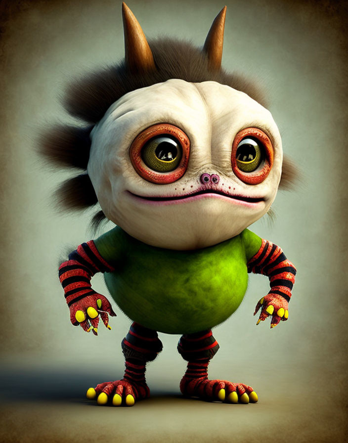 Whimsical creature with large eyes, frog-like face, horns, stripes, and claws