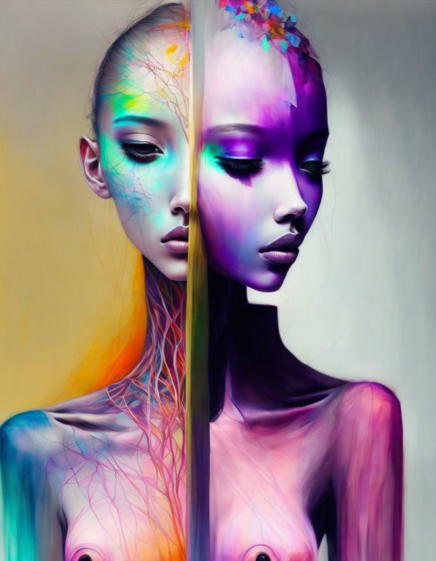 Vibrant vs. Monochrome Woman's Face Artwork