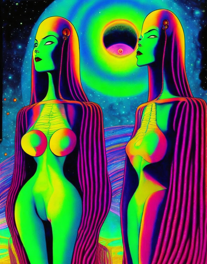 Stylized female figures with green skin and red hair in cosmic setting