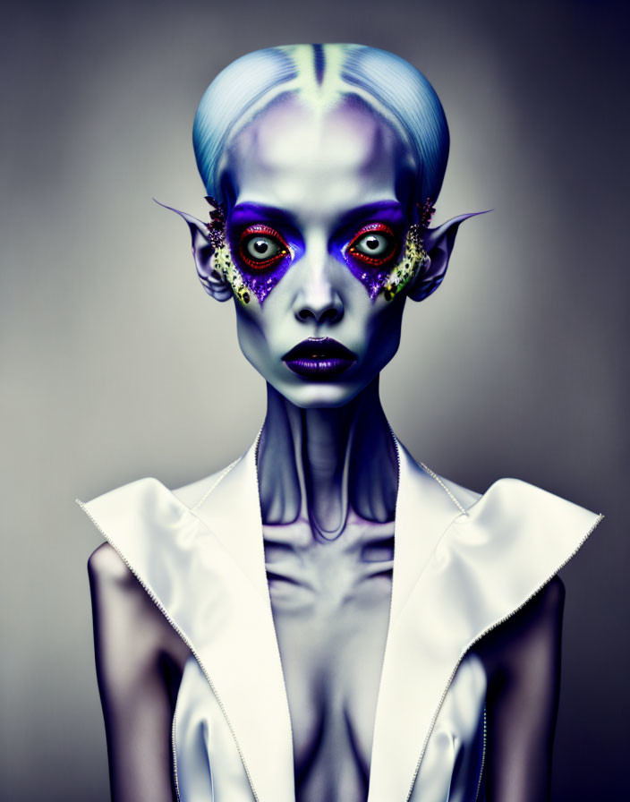 Surreal portrait of figure with red eyes, blue skin, pointed ears, white garment