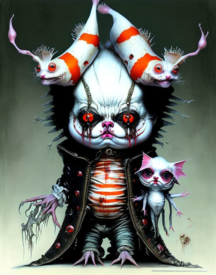 Two-headed gothic clown creature with pointed hats and eerie cat companion