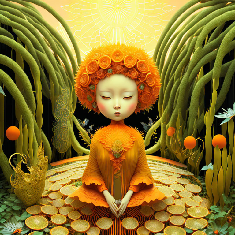 Child with Orange Floral Headpiece in Vibrant Fantasy Garden