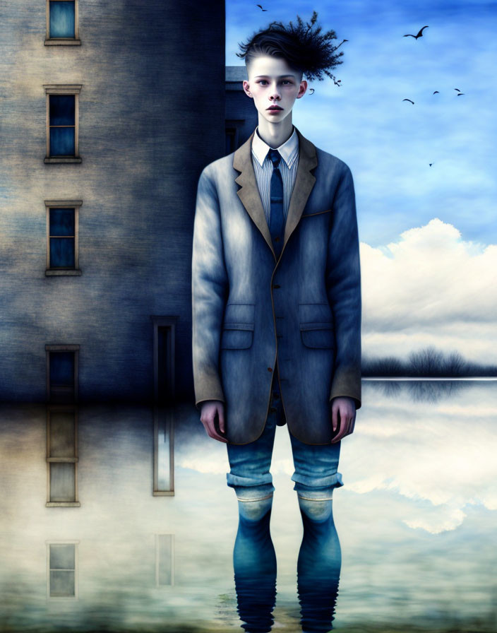 Surreal portrait of young person with elongated body in water against building backdrop