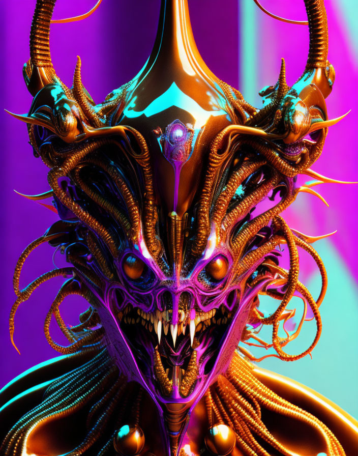 Fantastical creature with metallic tentacles, sharp teeth, and glowing eyes on purple and blue background