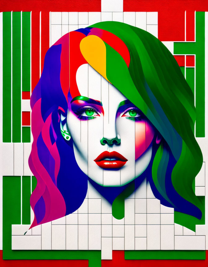 Vibrant digital portrait of a woman with rainbow hair and green eyes on geometric backdrop