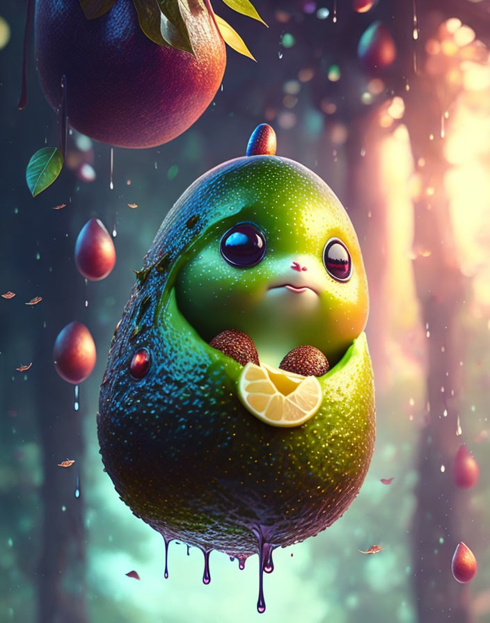 Anthropomorphic avocado with lemon slice in vibrant forest setting