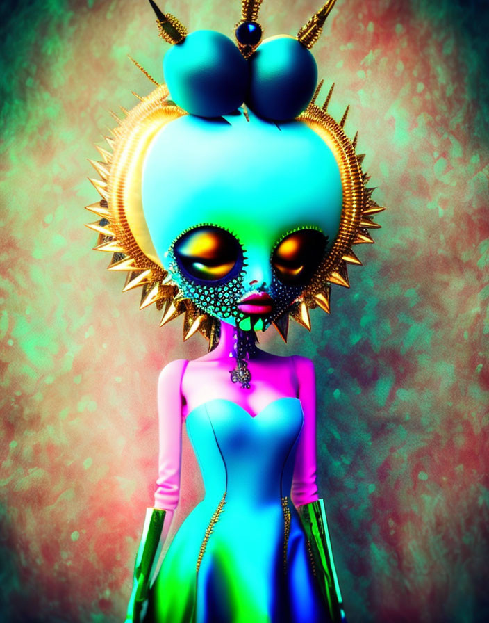 Colorful digital art: Alien character with sunburst halo, blue skin, golden eyes, pink and