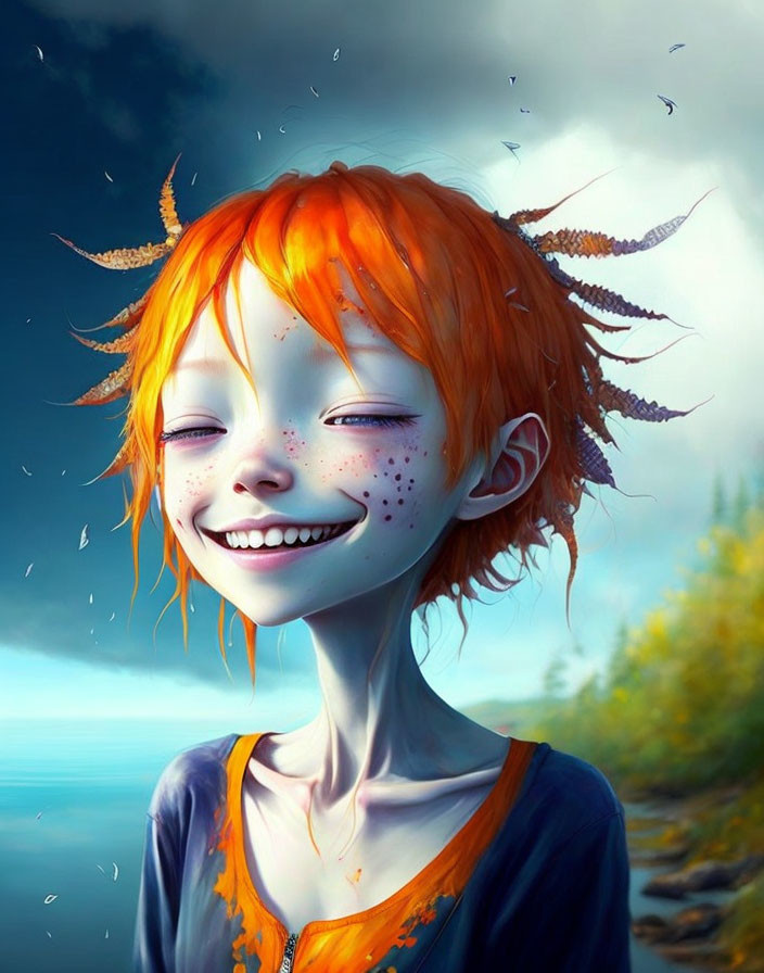 Bright Orange-Haired Girl Smiling Against Blue Sky and Sea