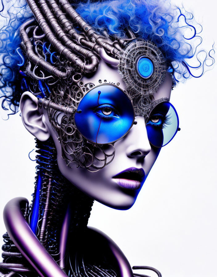 Futuristic female cyborg with intricate mechanical details and blue skin