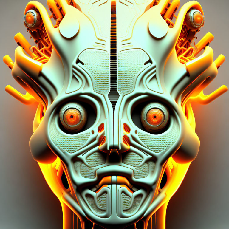 Symmetrical digital artwork of humanoid face with glowing orange elements