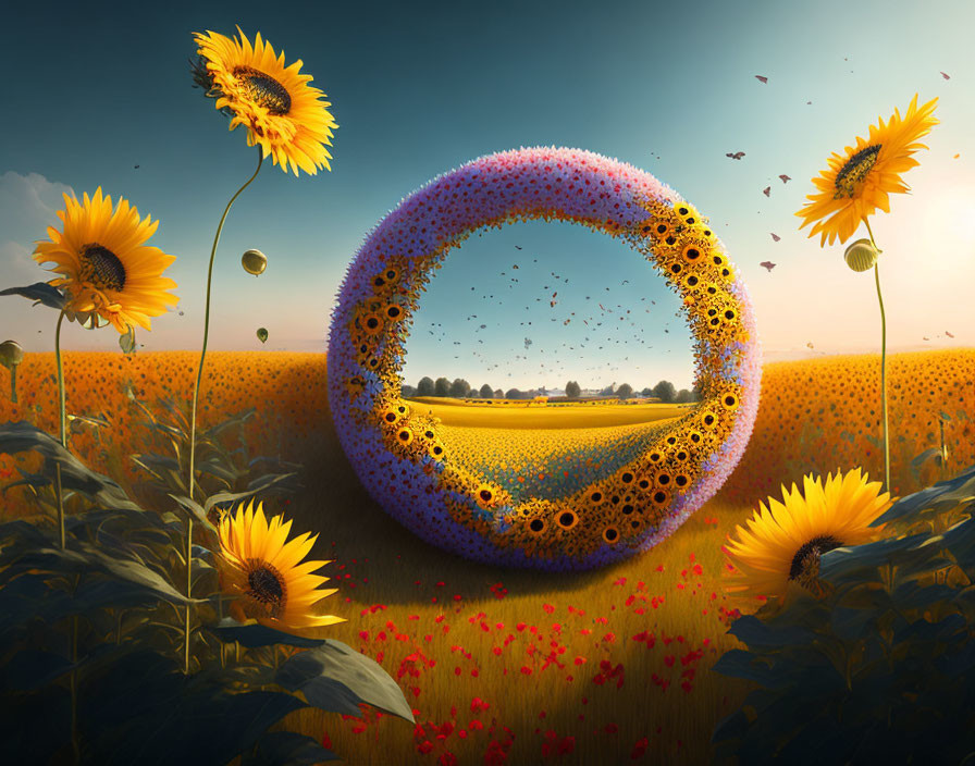 Surreal landscape with circular flower portal above sunflower field