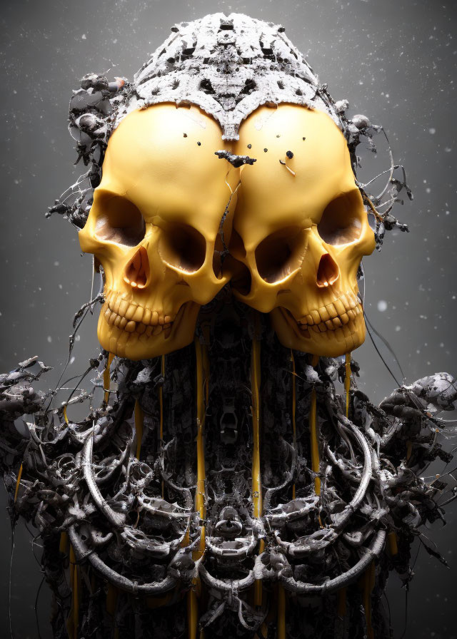 Symmetrical composition of yellow human skulls in dark background with black liquid swirls