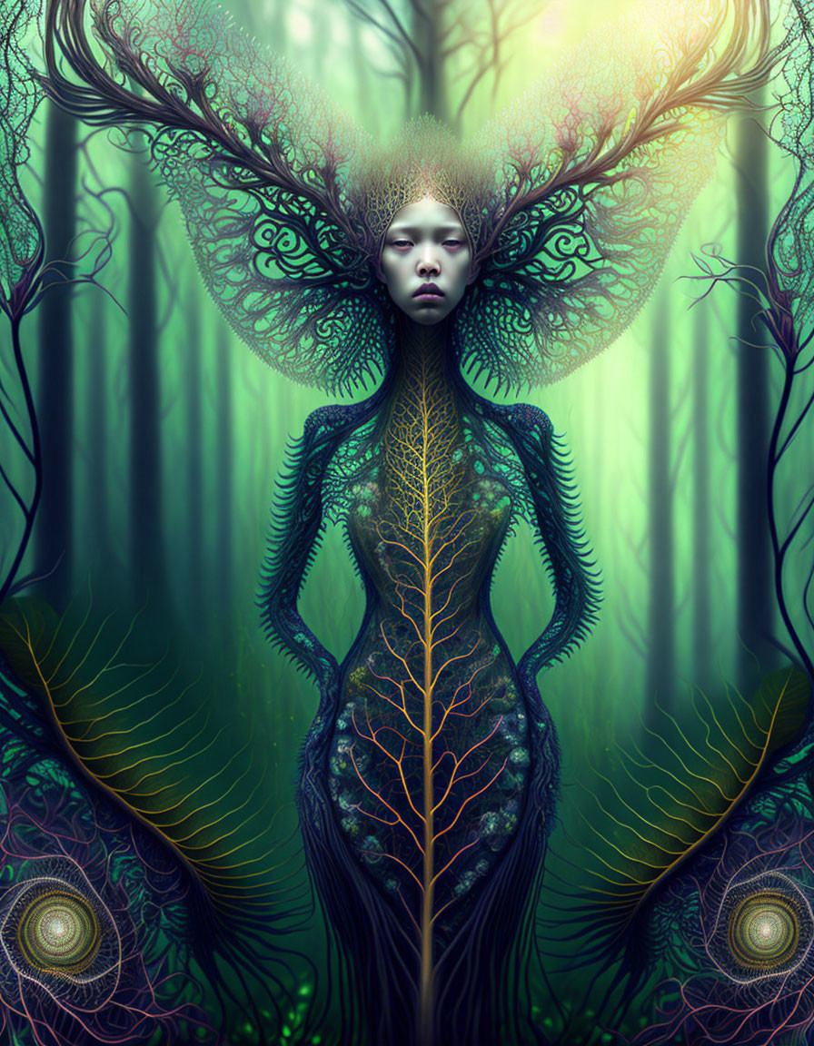 Fantastical humanoid creature with tree-like features in ethereal forest