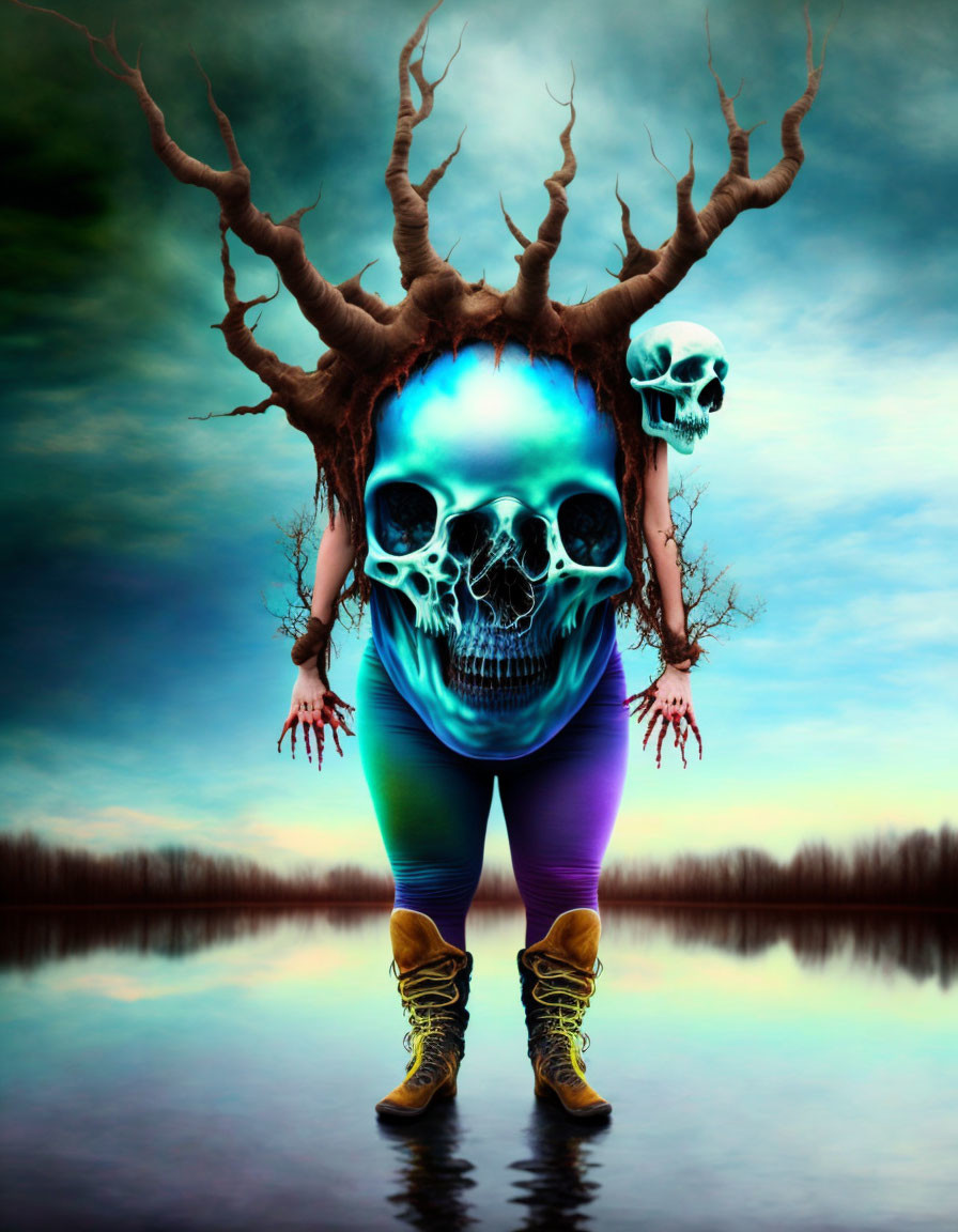 Surreal figure with blue skull face and tree-like antlers by reflective water.