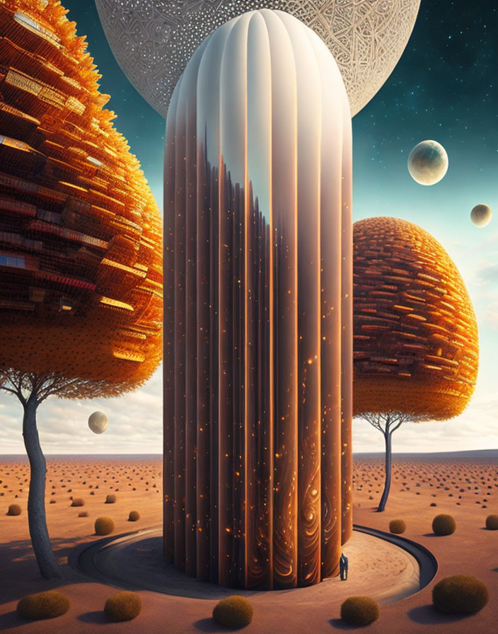 Futuristic tower with vertical grooves in desert landscape with orange-tinted trees and multiple moons