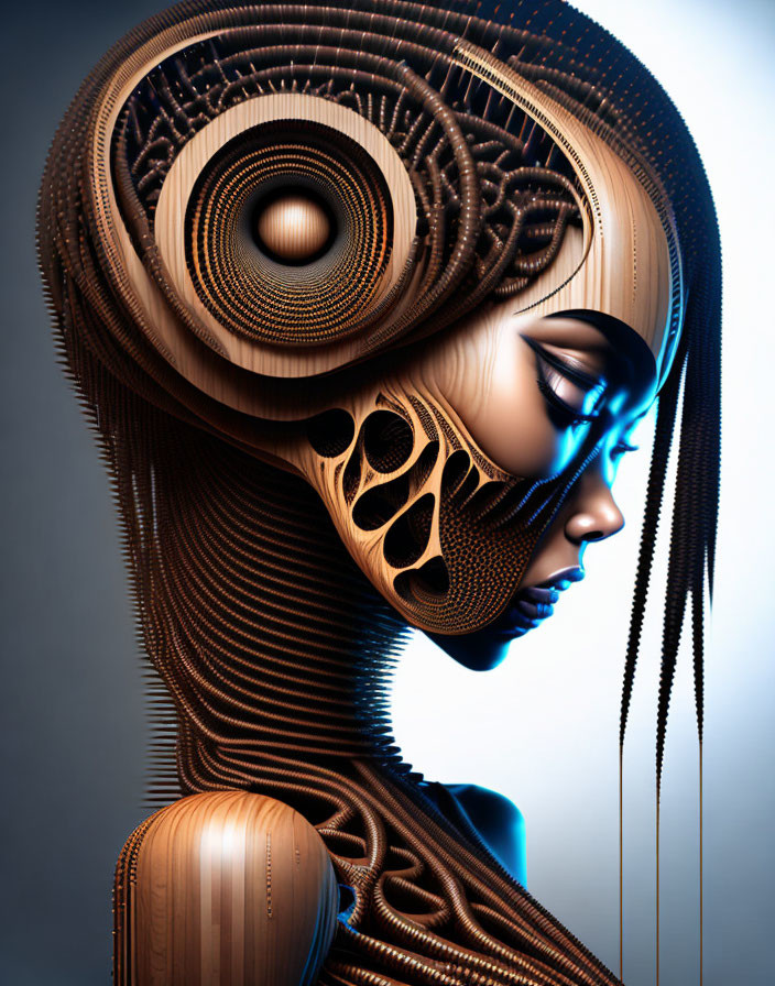 Digital artwork: Woman with wooden patterns in hair and spiral above ear