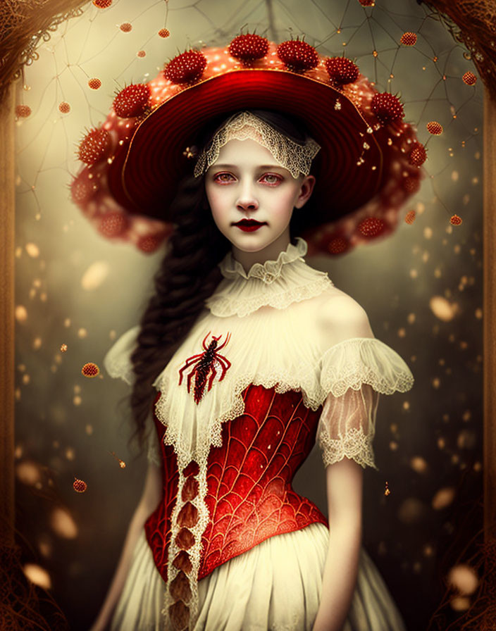 Stylized portrait of a woman in red corset dress with spider and intricate patterns