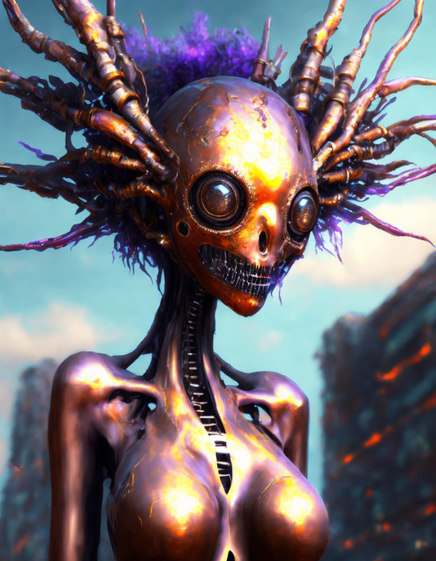 Surreal humanoid figure with metallic-gold texture and elongated skull.