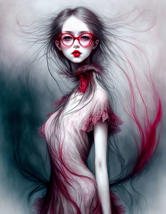 Stylized image: Woman with flowing hair, red glasses, ethereal red/pink dress