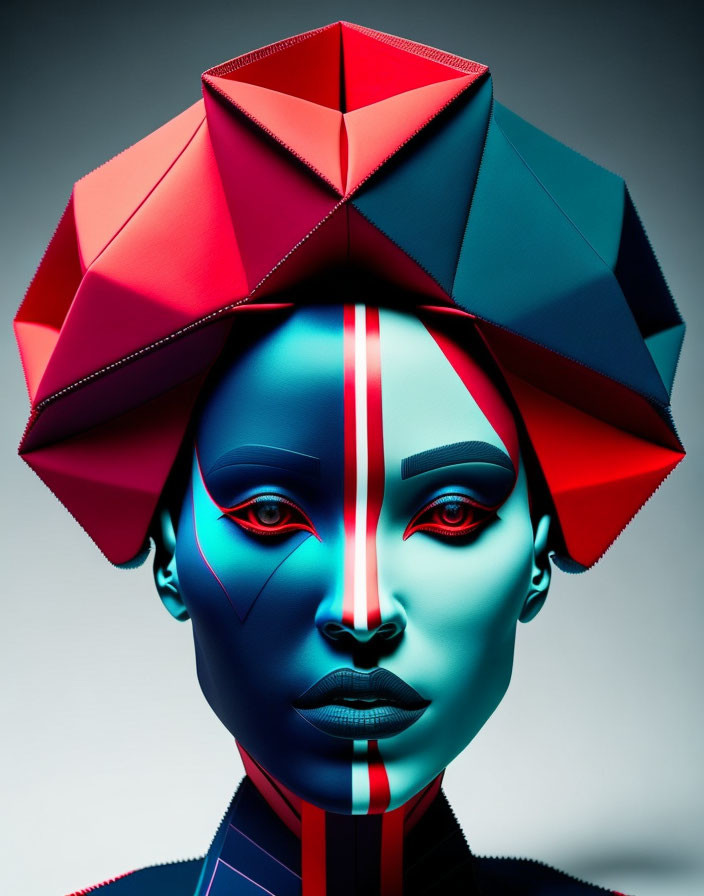 Abstract portrait with avant-garde headpiece in red and blue hues and symmetrical face paint.