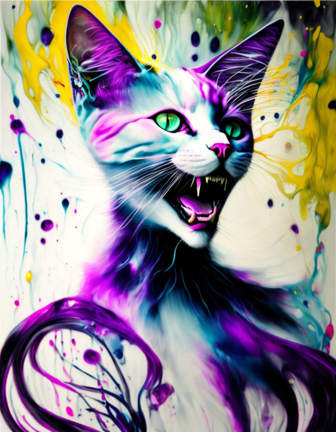 Colorful Cat Artwork with Purple, Yellow, and Blue Paint Effects