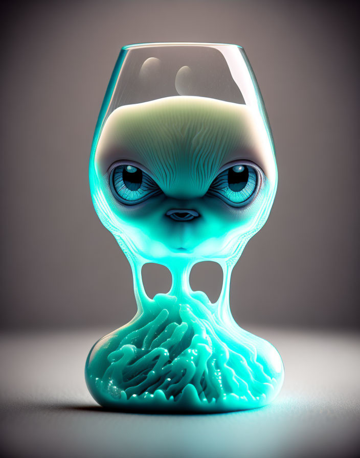 Whimsical wine glass illustration morphs into turquoise creature